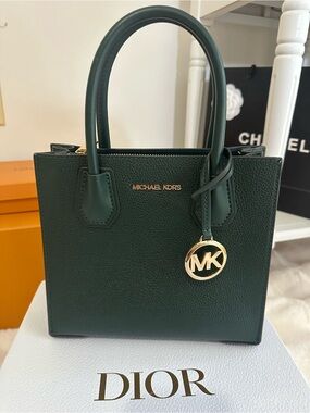 Michael Kors Forest Green Pebbled Leather Bag with Gold MK Charm
